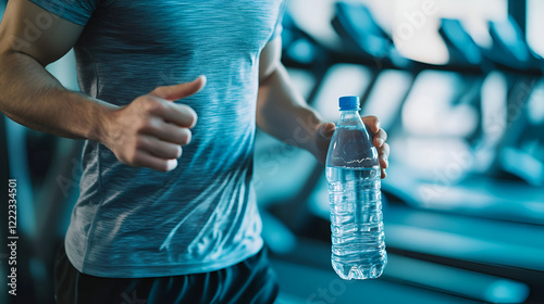 Fitness gym scene with water bottle, treadmill, blue t-shirt, workout atmosphere
