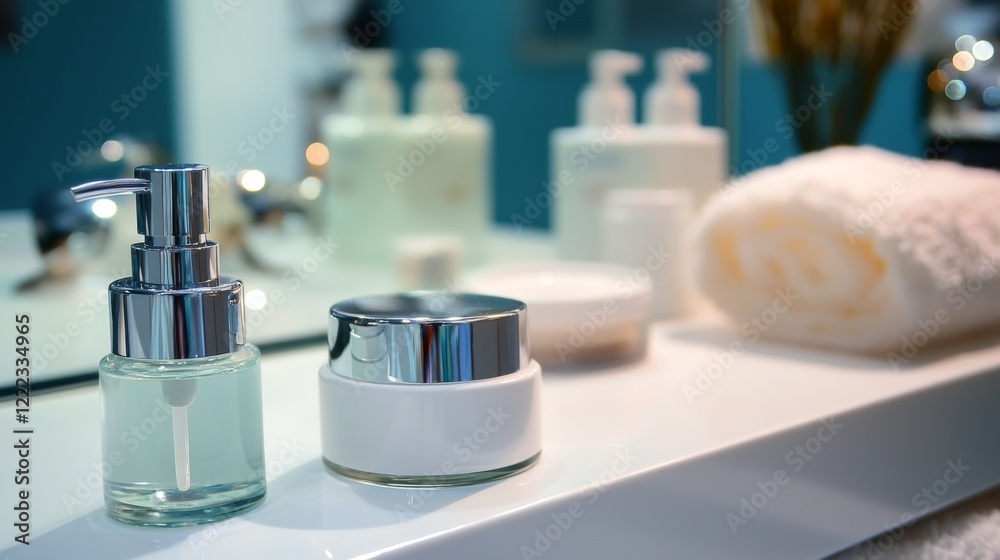 Luxury skincare bottles arranged in a clean white bathroom Luxury skincare bottles arranged in a clean white bathroom