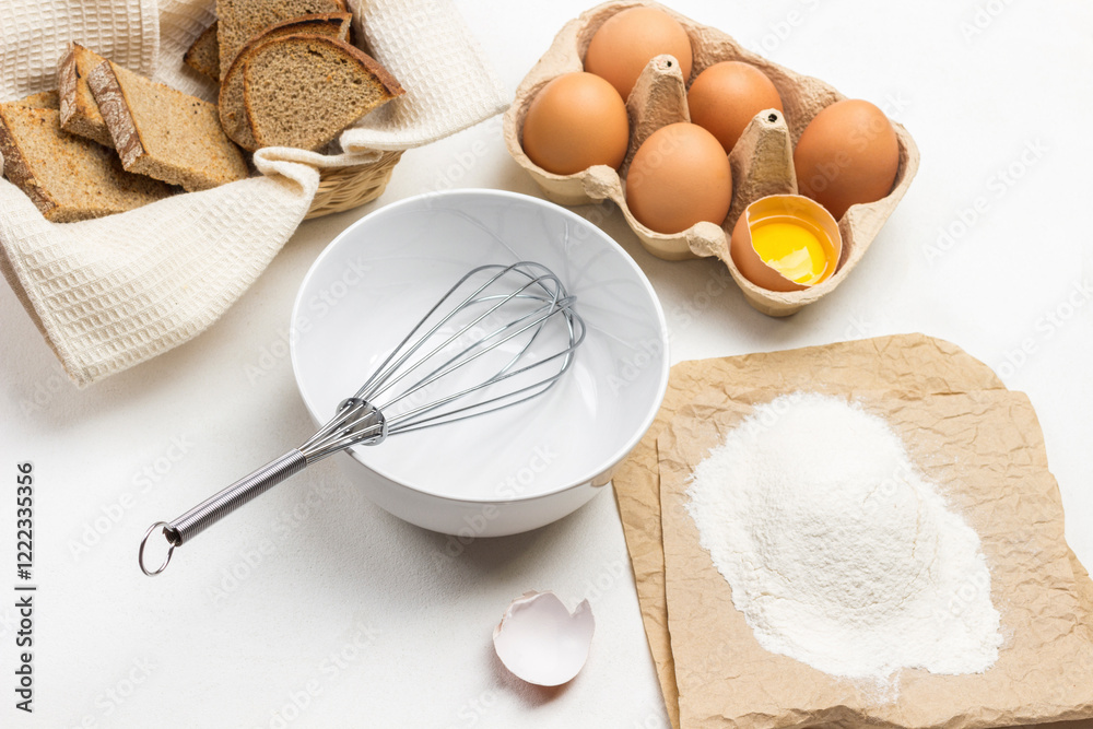 Whisk in bowl. Flour on paper. Eggs in cardboard container