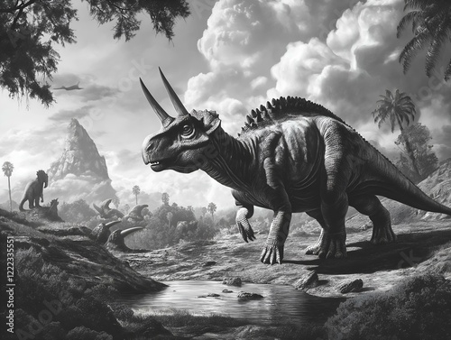 dinosaur in a prehistoric landscape, black and white rendering, dramatic lighting, monochrome