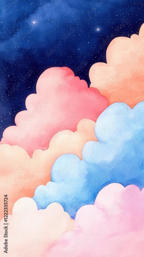 Obraz premium Soft Pastel Clouds with Starry Night Sky, Dreamy Watercolor Background for Abstract Art and Design