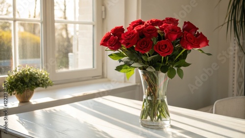 Stunning Red Roses in a Vase by a Sunny Window