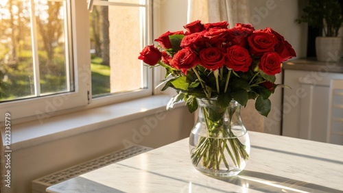 Beautiful Red Roses in a Vase by a Sunny Window