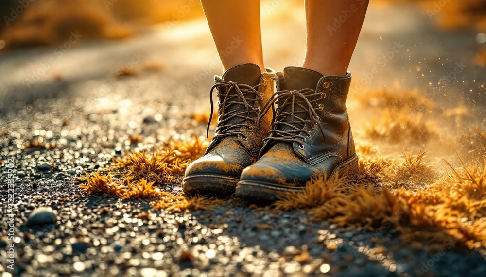 Close-up of stylish leather boots on sunlit gravel path with autumn leaves Close-up of stylish leather boots on sunlit gravel path with autumn leaves