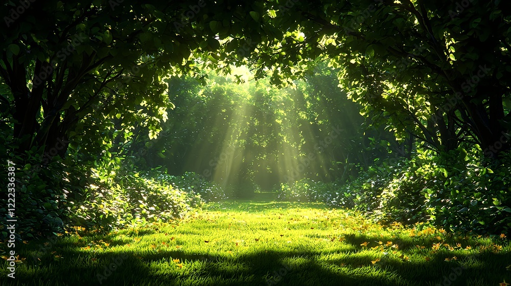 Fototapeta premium Lush Green Forest Path Illuminated by Sunlight Through Trees