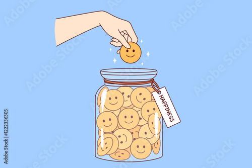 Hand of human collecting happiness, putting positive emojis into jar, for concept of preserving fun moments in life. Person who collects happiness to maintain mental health and avoid depression