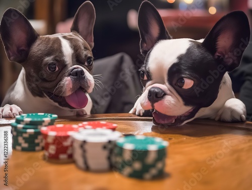 french bulldogs playing poker, close-up view, chips, cards, humorous scene photo