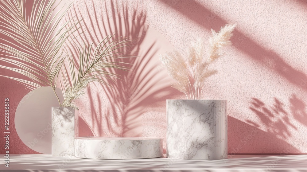 Minimalistic decor with pampas grass in pink and white vases Minimalistic decor with pampas grass in pink and white vases