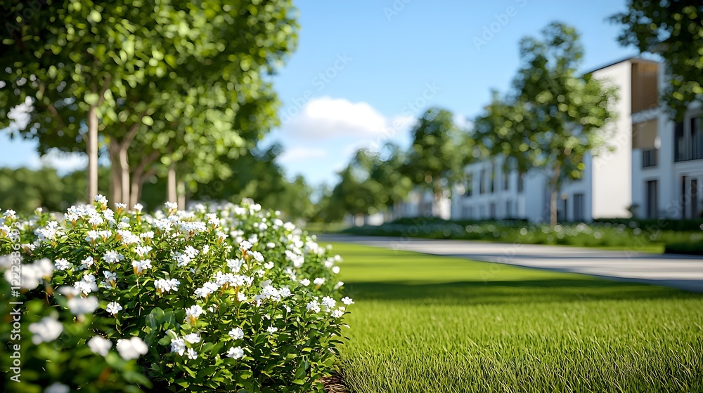 Fototapeta premium Lush Green Landscape with Flowers and Modern Buildings in Background