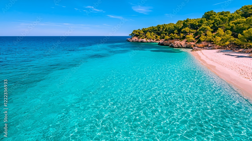 Fototapeta premium Turquoise Waters and Sandy Beach Amidst Lush Green Trees