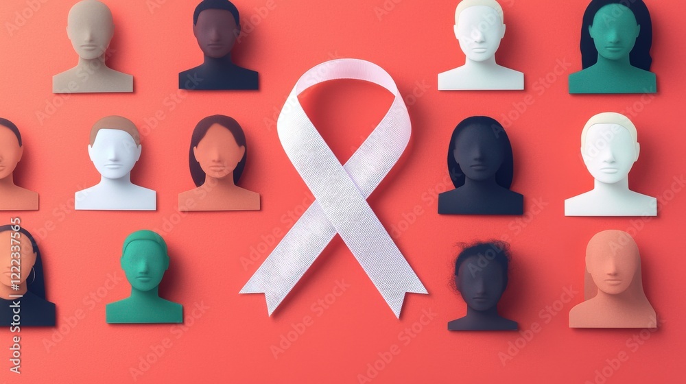 Awareness Ribbon Symbol with Abstract Human Silhouettes and Colors on a Vibrant Background for Health Initiatives Awareness Ribbon Symbol with Abstract Human Silhouettes and Colors on a Vibrant Background for Health Initiatives
