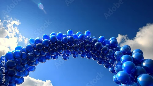 Bright blue balloon arch under a clear sky at an outdoor event celebrating joy and togetherness