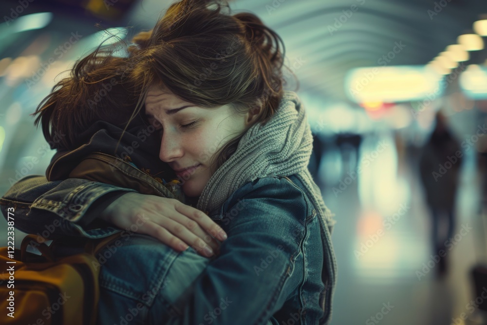 Emotional Hug of a Young Couple Reuniting at the Airport Emotional Hug of a Young Couple Reuniting at the Airport