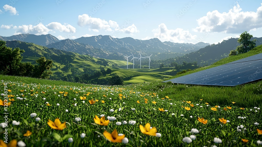 Obraz premium Lush Green Landscape with Wind Turbines and Solar Panels Under Clouds