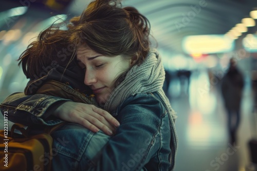 Emotional Hug of a Young Couple Reuniting at the Airport photo