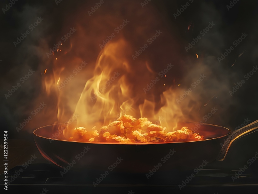 food cooking in a pan, intense flames, dark background, motion blur, culinary scene food cooking in a pan, intense flames, dark background, motion blur, culinary scene