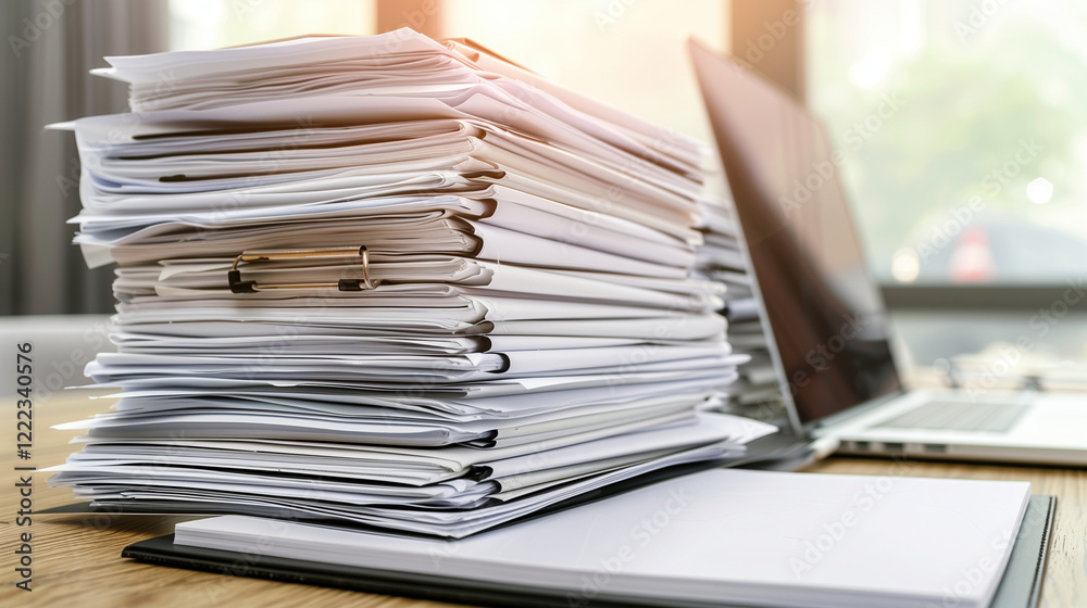 Modern office desk with organized stack of documents and laptop, representing workplace efficiency, policy management, and professional organization in corporate environment. Modern office desk with organized stack of documents and laptop, representing workplace efficiency, policy management, and professional organization in corporate environment.