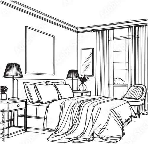 Bedroom sketch. Hand drawn home interior