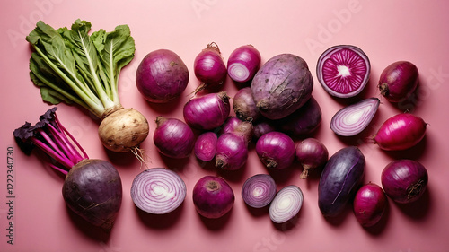 Vegetables on pink flat lay background, top view. Organic vegetables like onions, beetroots, purple potatoes. Vegan diet photo