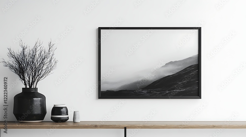 Fototapeta premium Minimalist arrangement featuring bench vase and empty wall frame in modern interiors