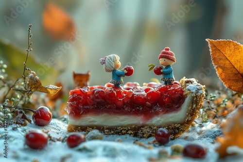 Miniature Scenery of a Miniature Figurines on Cherry Pie with Whipped Cream for National Cherry Pie Day photo