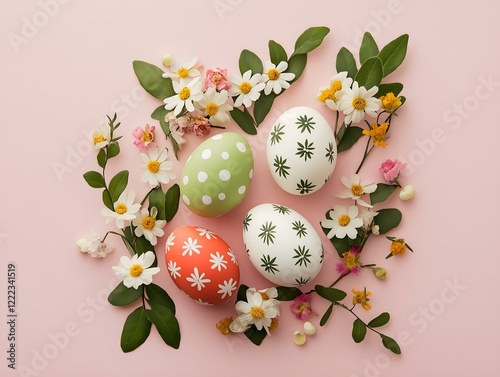 easter eggs and pink flowers, circular arrangement, pink background, spring theme photo