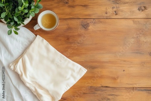 Mindful Femtech Eco-Conscious Reusable Menstrual Underwear on Natural Wood with Herbal Tea - Sustainable Intimate Wellness for Womens Health and Ethical Retail Display photo