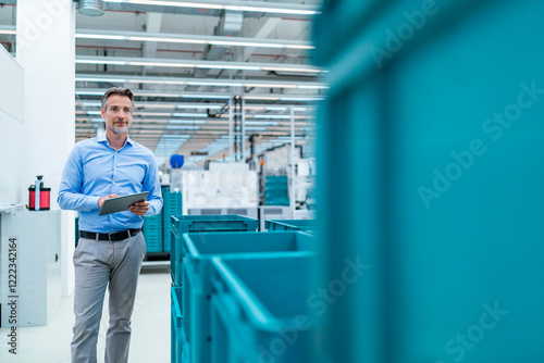 Businessman with tablet in a factory hall photo