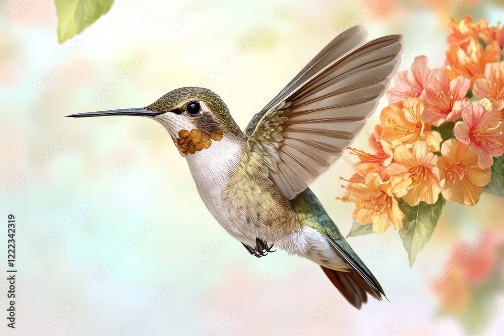 Fototapeta premium Vibrant Hummingbird in Flight Near Colorful Blossoms