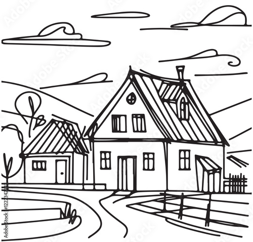 Line sketch, hand drawn village landscape, small black abstract house photo