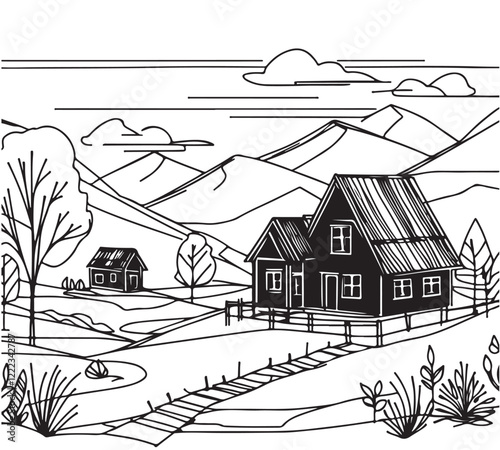 line sketch, hand drawn village landscape, small black abstract house in mountain