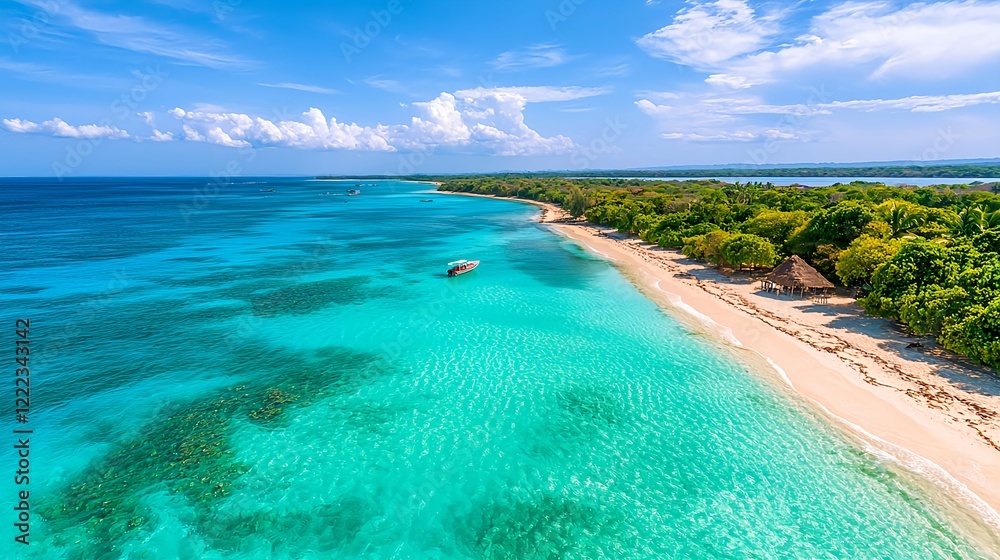 Fototapeta premium Serene Tropical Paradise with Clear Water and Sandy Beach View