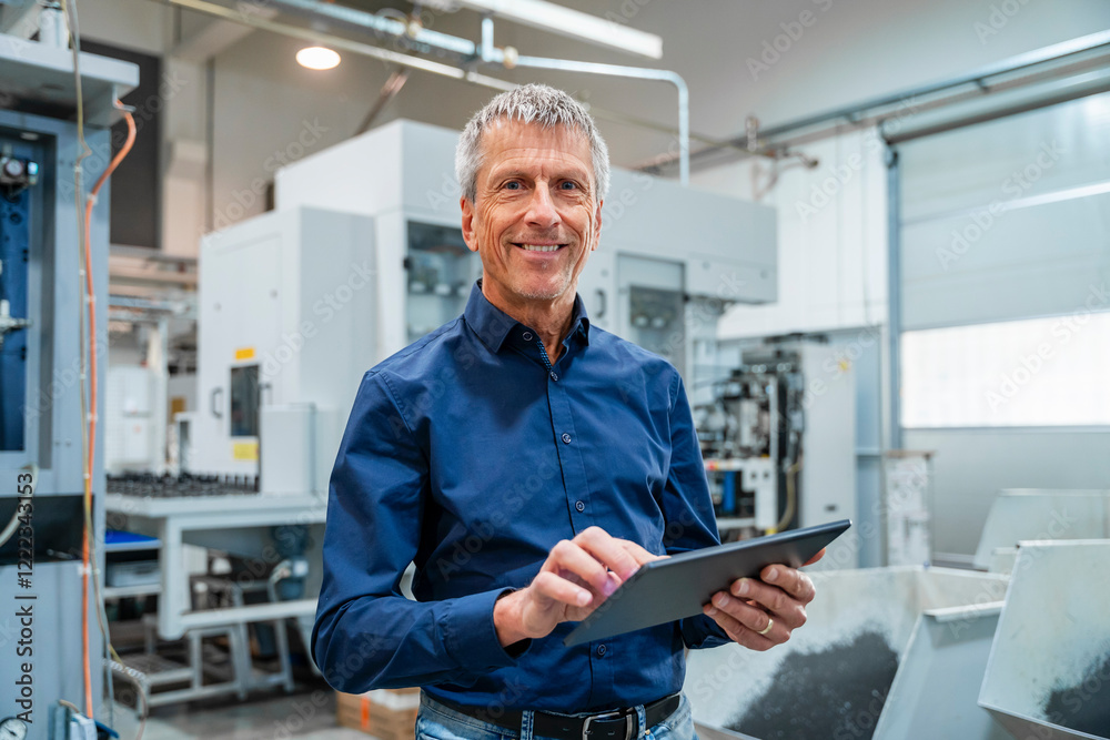 Smiling engineer using tablet PC at industry Smiling engineer using tablet PC at industry