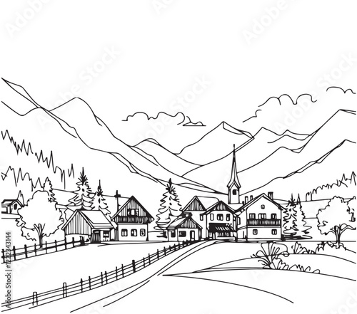 line sketch, hand drawn village landscape, small black abstract house in mountain