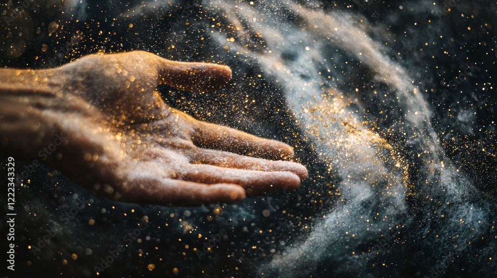 Fototapeta premium Hand releasing golden glitter particles into the air