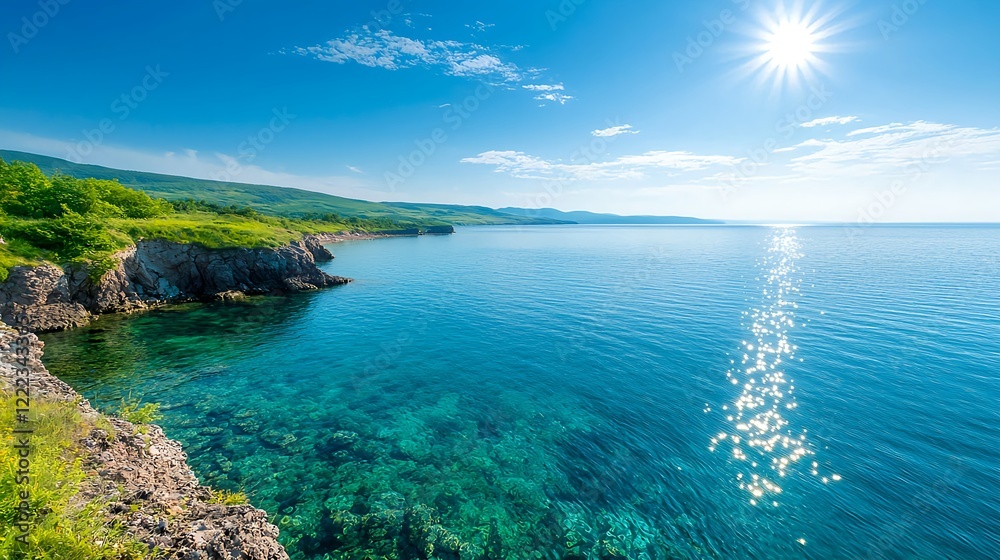 Fototapeta premium Serene Coastal Landscape with Clear Water and Bright Sunlight