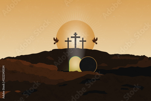 Illustration of the Holy Week, the crucifixion and resurrection of Jesus Christ. The empty tomb and the three crosses, the holy spirit. Easter Sunday and Good Friday depiction. Vector Illustration.