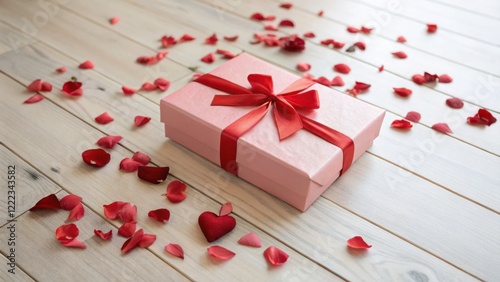 Romantic Gift Box with Rose Petals on a Wooden Surface