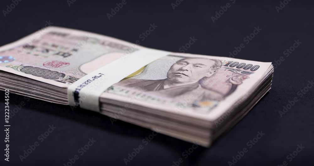 A bundle of bills by Japanese old banknotes tracking shot A bundle of bills by Japanese old banknotes tracking shot