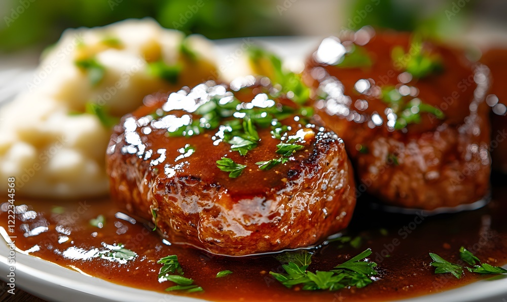 A mouth-watering close-up view of a Salisbury steak drenched in rich brown gravy. Generative AI A mouth-watering close-up view of a Salisbury steak drenched in rich brown gravy. Generative AI