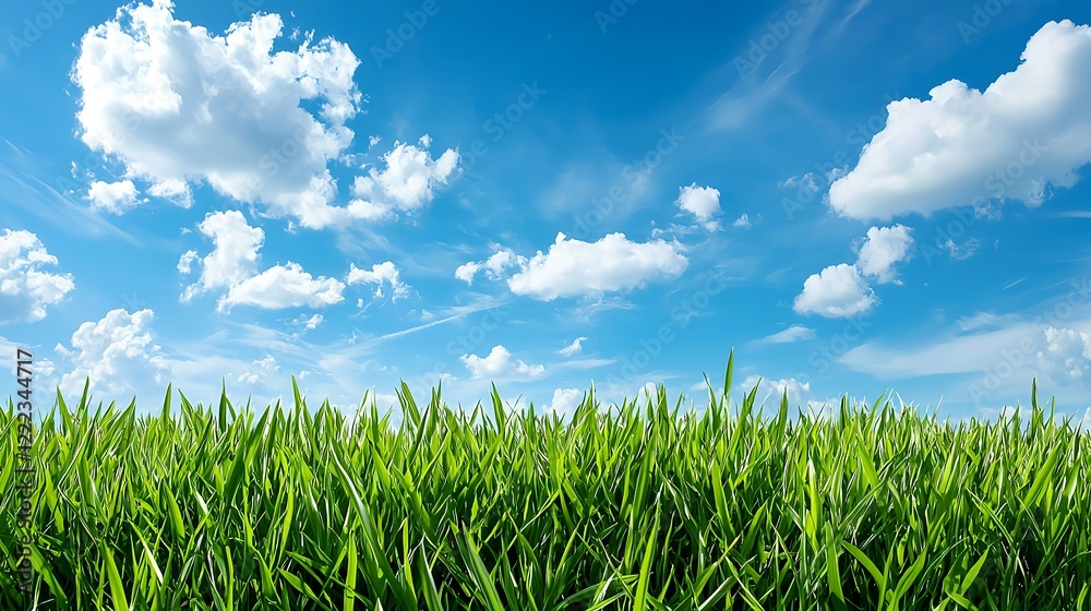 Fototapeta premium Lush Green Grass Field Under a Bright Blue Sky with White Clouds