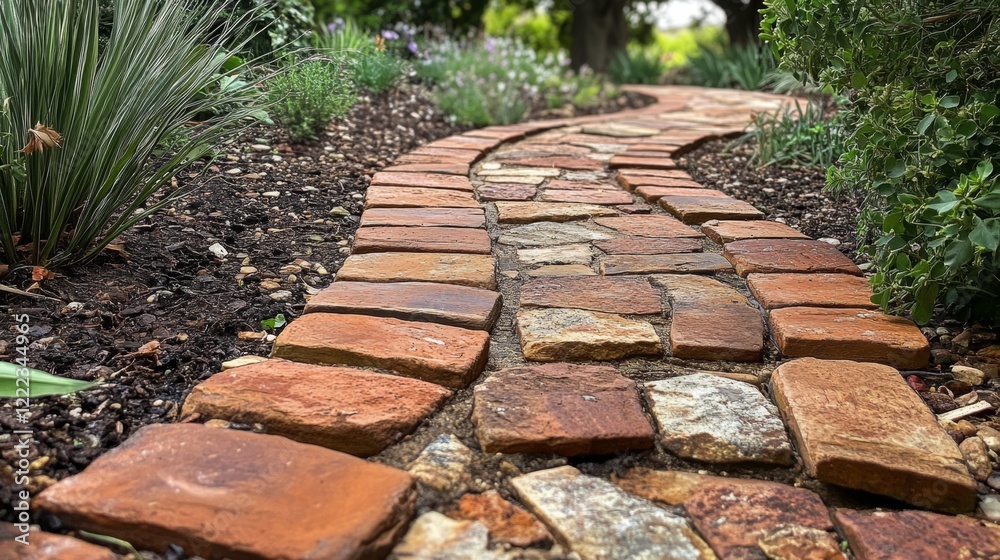 A Whimsical Garden Pathway of Terracotta and Stone A Whimsical Garden Pathway of Terracotta and Stone