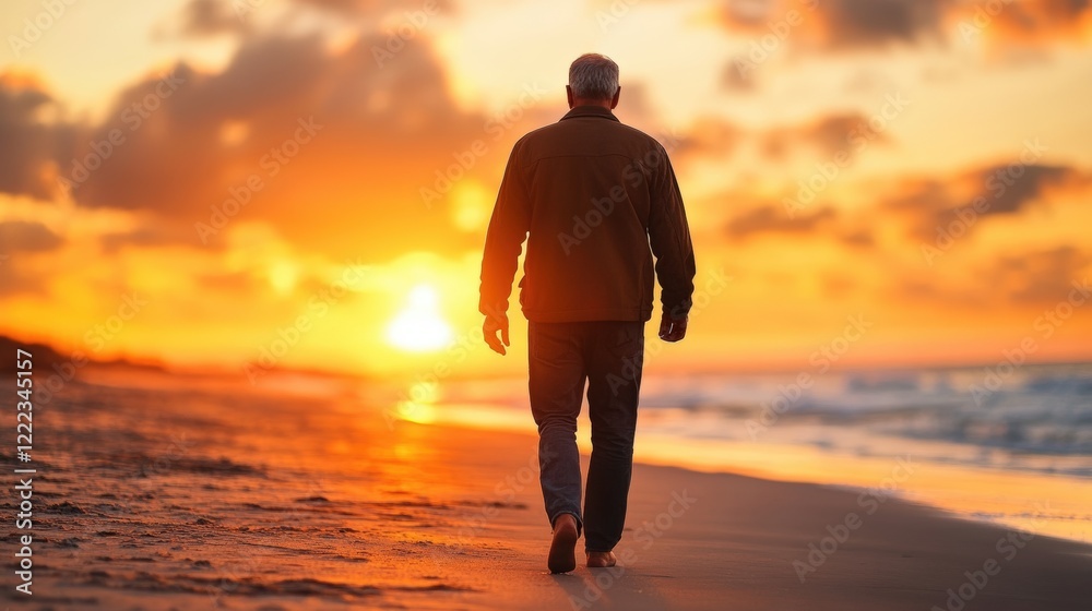 Senior man taking a brisk walk on a beach during sunrise, calm and refreshing atmosphere Senior man taking a brisk walk on a beach during sunrise, calm and refreshing atmosphere
