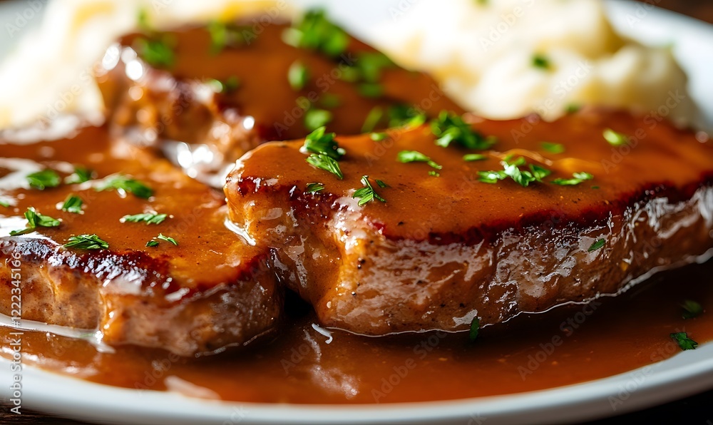 A mouth-watering close-up view of a Salisbury steak drenched in rich brown gravy. Generative AI A mouth-watering close-up view of a Salisbury steak drenched in rich brown gravy. Generative AI