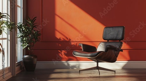 Modern interior with an orange accent wall and designer chair photo