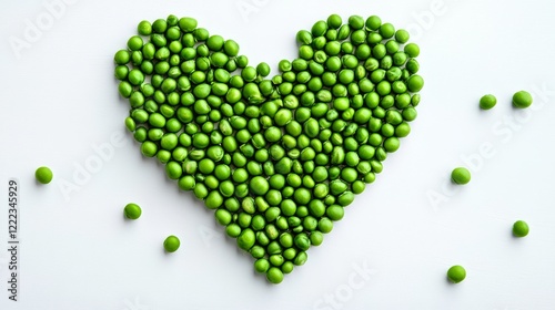 Heart made of green peas. The heart is surrounded by green peas and there are some peas scattered around the heart