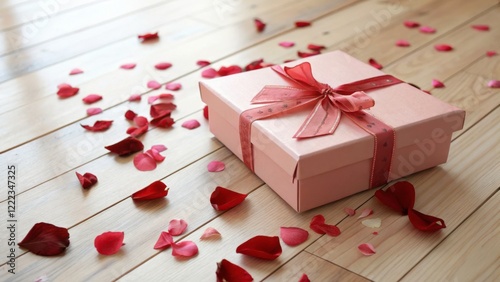 Pink Gift Box with Rose Petals on Wooden Floor