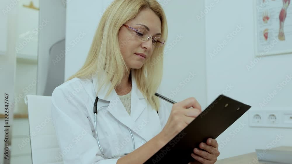 Female doctor in white medical uniform using clipboard is delivering great news talk discuss results or symptoms with male patient sitting at desk in health clinic or hospital office. Female doctor in white medical uniform using clipboard is delivering great news talk discuss results or symptoms with male patient sitting at desk in health clinic or hospital office.
