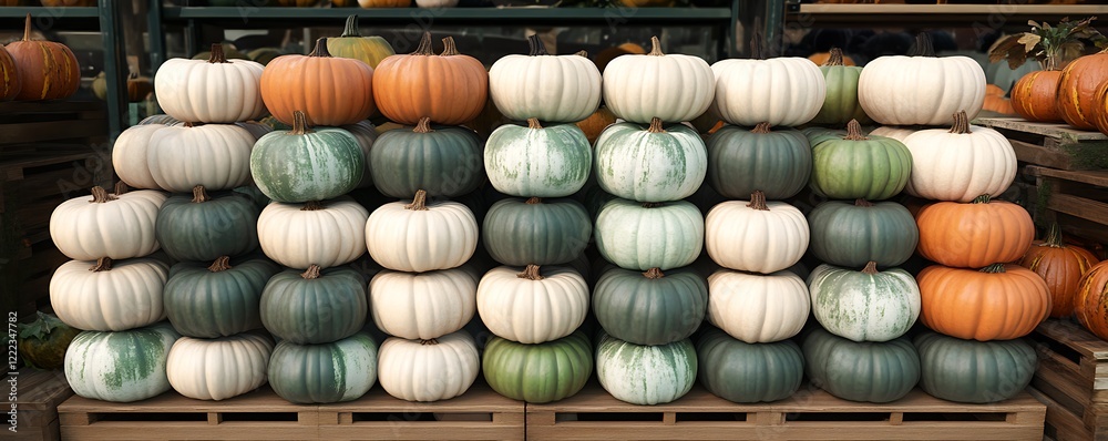 A stack of multicolored pumpkins in shades of white green and orange on wooden crates A stack of multicolored pumpkins in shades of white green and orange on wooden crates