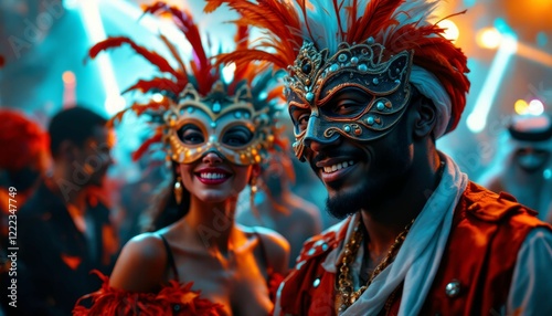 A vibrant carnival scene featuring three people in elaborate masks amid a festive crowd photo